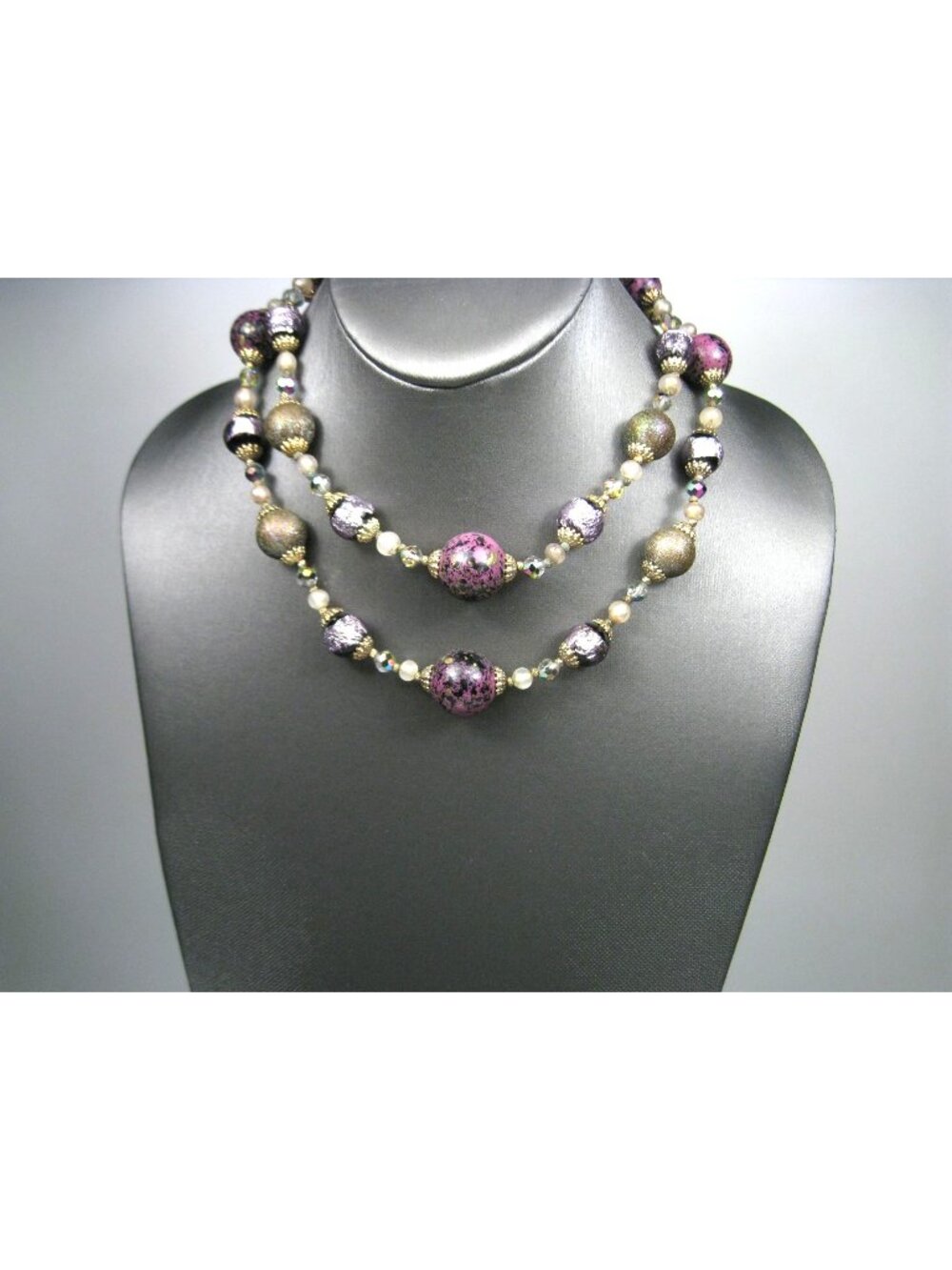 Multi Strand Purple Beaded Necklace Glass Bead Gold Tone Accents 13 in Choker